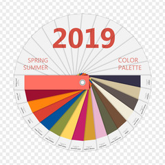 Round paper Spring and summer 2019 colors palette. Fashion trend guide. Palette fashion colors guide with named color swatches, RGB and TCX. Color of the year - living coral. Vector illustration