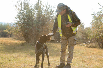 Hunters with a german drathaar and spaniel, pigeon hunting with dogs in reflective vests	