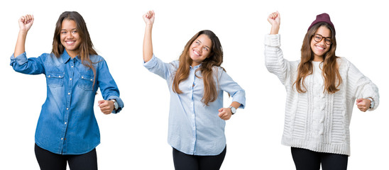 Obraz premium Collage of beautiful young woman over isolated background Dancing happy and cheerful, smiling moving casual and confident listening to music