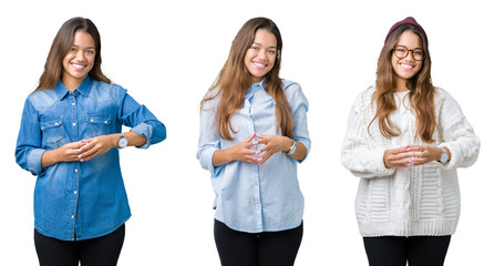 Obraz premium Collage of beautiful young woman over isolated background Hands together and fingers crossed smiling relaxed and cheerful. Success and optimistic