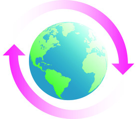 Earth globe with two pink arrows Concept recycle  design for banner, greeting card, t-shirt, print, poster. Vector illustration