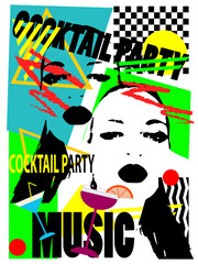 Cocktail party girls with martini drinks, pop art vivid colors background