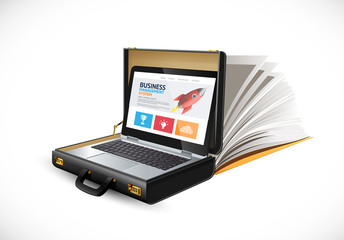 Business suitcase - finance concept - lbusinessman laptop and website