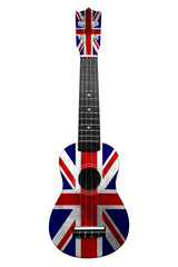 Fototapeta premium Hawaiian national guitar, ukulele, with a painted Great Britain flag, on a white isolated background, as a symbol of folk art or a national song.