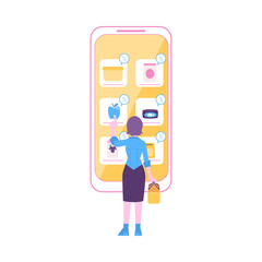 Woman stands near huge smartphone pointing to food icon flat cartoon style