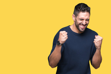 Young handsome man wearing sweater over isolated background very happy and excited doing winner gesture with arms raised, smiling and screaming for success. Celebration concept.