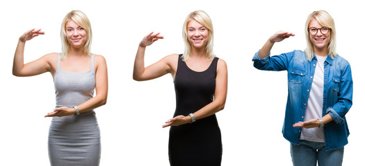 Collage of beautiful blonde woman over isolated background gesturing with hands showing big and large size sign, measure symbol. Smiling looking at the camera. Measuring concept.