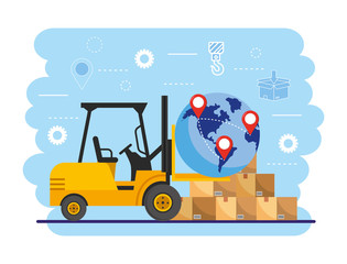 forklift with global map location and boxes package © Stockgiu