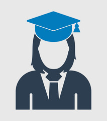 Female graduate student icon with gown and cap. Flat style vector EPS.