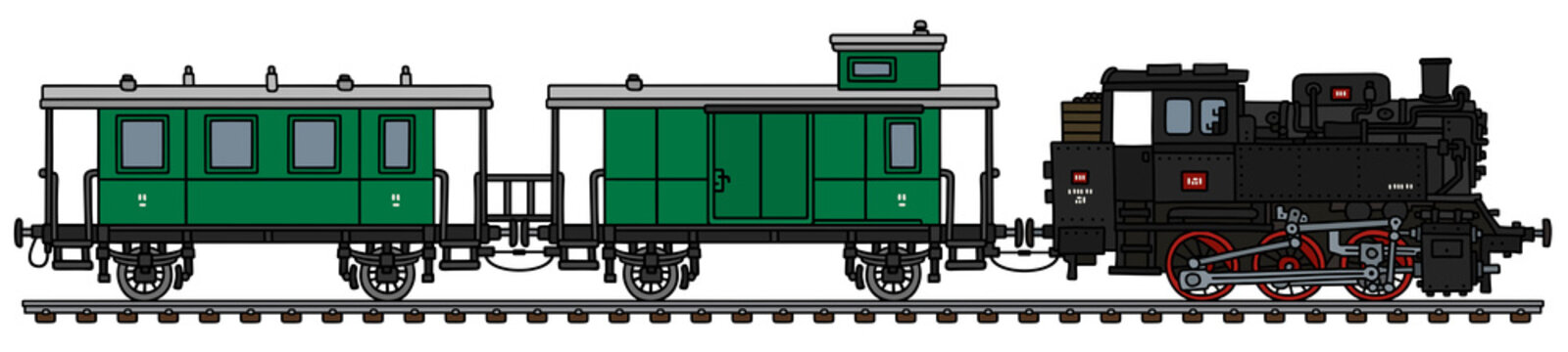 The vectorized hand drawing of a vintage green personal steam train