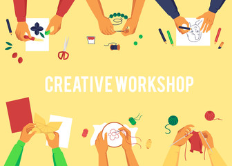 Banner with top view of various hands creating handmade works cartoon style