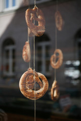 Pretzel hanging in Bakery Window, Store Window, Food