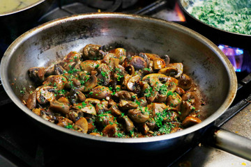saute mushrooms in a cooking pan - obrazy, fototapety, plakaty
