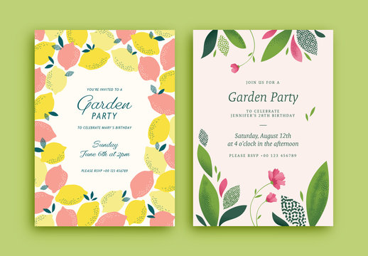 Garden Party Invitation Layouts with Lemon and Plant Illustrations