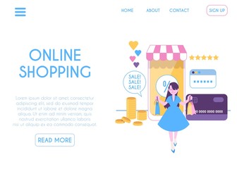 Web design template of online mobile shopping page flat cartoon style