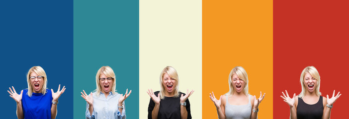 Collage of beautiful blonde woman over colorful vintage isolated background celebrating mad and crazy for success with arms raised and closed eyes screaming excited. Winner concept