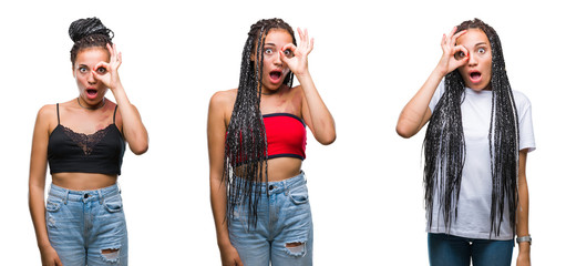Collage of beautiful braided hair african american woman with birth mark over isolated background doing ok gesture shocked with surprised face, eye looking through fingers. Unbelieving expression.