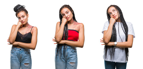 Collage of beautiful braided hair african american woman with birth mark over isolated background with hand on chin thinking about question, pensive expression. Smiling with thoughtful face