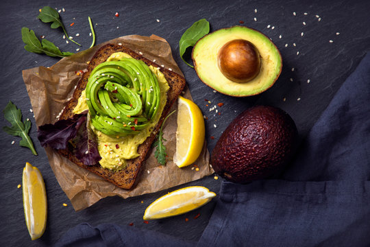 Sandwiches With Rye Bread And Fresh Sliced Avocado