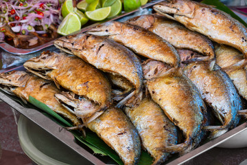 Street Food, Deep Fried Dried Fish at Fresh market in Thailand