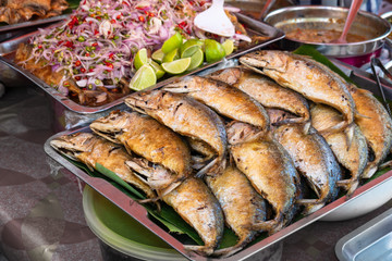 Street Food, Deep Fried Dried Fish at Fresh market in Thailand