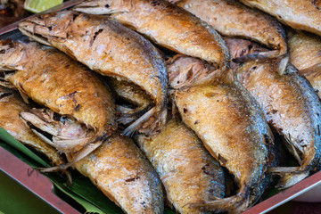 Street Food, Deep Fried Dried Fish at Fresh market in Thailand