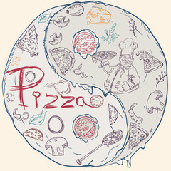 cover background_22_illustration, on the theme of Italian pizza cuisine, for decoration and design sticker of ingredients