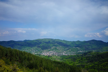 Fototapeta na wymiar Panorama of mountains. Ardino is a small town in middle of rodophi mountains in Bulgaria