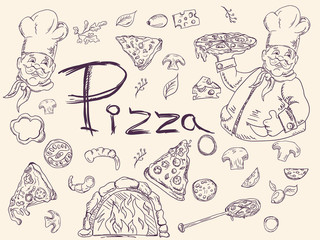 set of contour illustrations, on the theme of Italian pizza cuisine, for decoration and design in the style of Doodle