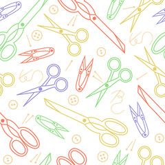Sewing tools seamless pattern, vector background. Colorful outline sewing scissors. For wallpaper design, fabric, wrapper, prints, decoration, store sewing accessories