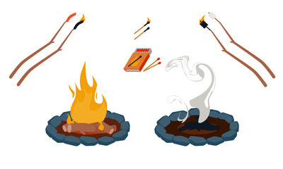 Campfire Vector Illustration Set Matches Extinguished Fire Pit Roasting Sticks