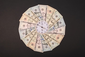 Concept of clock and dollar. Clock on mandala kaleidoscope from money. Abstract money background...