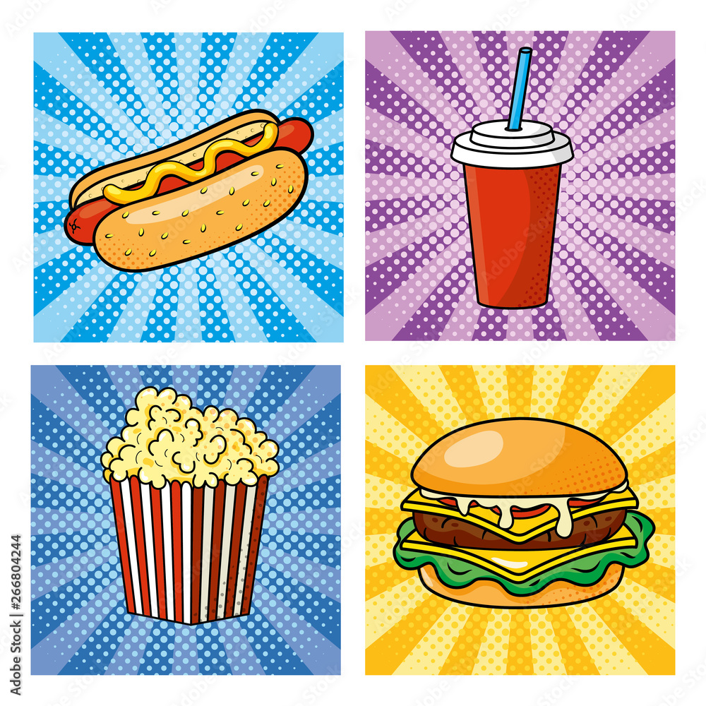 Poster set of pop art fastfood how hot dog with soda and hamburger