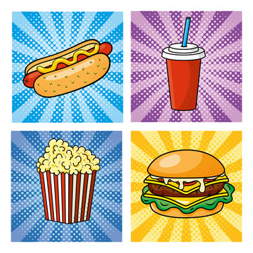 Set Of Pop Art Fastfood How Hot Dog With Soda And Hamburger