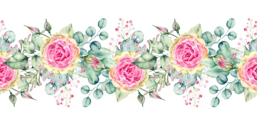 Fotobehang Bloemen Watercolor hand painted floral border with tropical green leaves and flowers.Perfect for wedding invitation,greeting card etc..