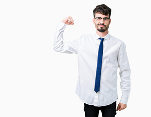 Young handsome business man wearing glasses over isolated background Strong person showing arm muscle, confident and proud of power
