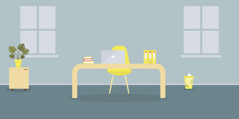 Interior of working place in the modern office in scandinavian style.Two windows.Vector illustration. Furniture:table, chair, folders,books,monstera,bin. For advertising,sites