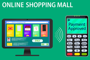 Vector drawing on the topic online payments. Image computer screen and terminal. E-commerce, online shopping mall depicted on bright, color background