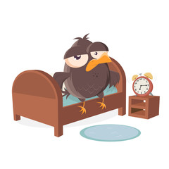 sleepy cartoon bird is getting out of bed