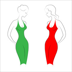 Obraz na płótnie Canvas Silhouettes of two beautiful ladies. Girls are slim and elegant. Women dressed in evening dresses, red and green. Vector illustration