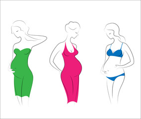 Silhouettes of three pregnant ladies. Young girls stand in different poses. Women are dressed in dresses and a swimsuit. Vector illustration