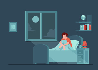Vector unhappy man with insomnia in bed - obrazy, fototapety, plakaty