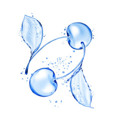 Two cherries made of water splashes in a circular motion. Concept image isolated on white background