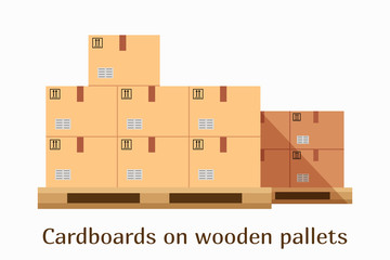 Warehouse carton boxes with cargo and shipment marks in flat style standing on wooden pallets. Vector illustration of the storage cardboards.