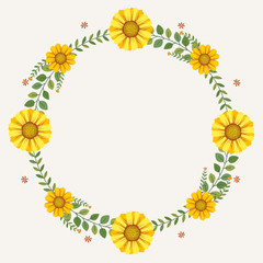 Floral greeting card and invitation template for wedding or birthday anniversary, Vector circle shape of text box label and frame, Yellow flowers wreath ivy style with branch and leaves.