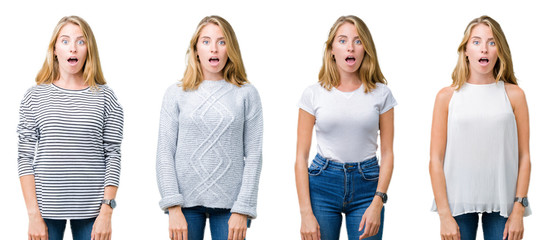 Collage of beautiful blonde woman over white isolated background afraid and shocked with surprise expression, fear and excited face.