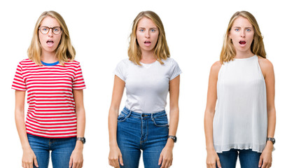 Collage of beautiful blonde woman over white isolated background In shock face, looking skeptical and sarcastic, surprised with open mouth