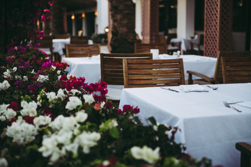 romantic dinner served table outdoor while sunset