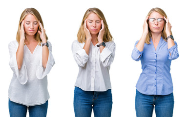 Collage of beautiful blonde business woman over white isolated background with hand on head for pain in head because stress. Suffering migraine.