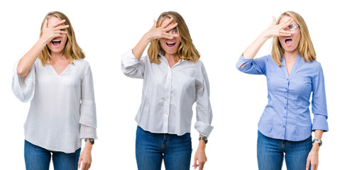 Collage of beautiful blonde business woman over white isolated background peeking in shock covering face and eyes with hand, looking through fingers with embarrassed expression.